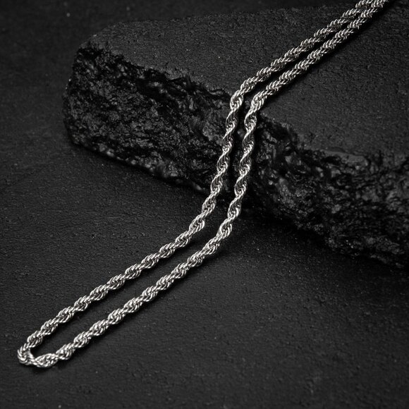 Solid White Gold Plated 316 Stainless Steel 4MM Twist Rope Chain Necklace - Picture 1 of 6